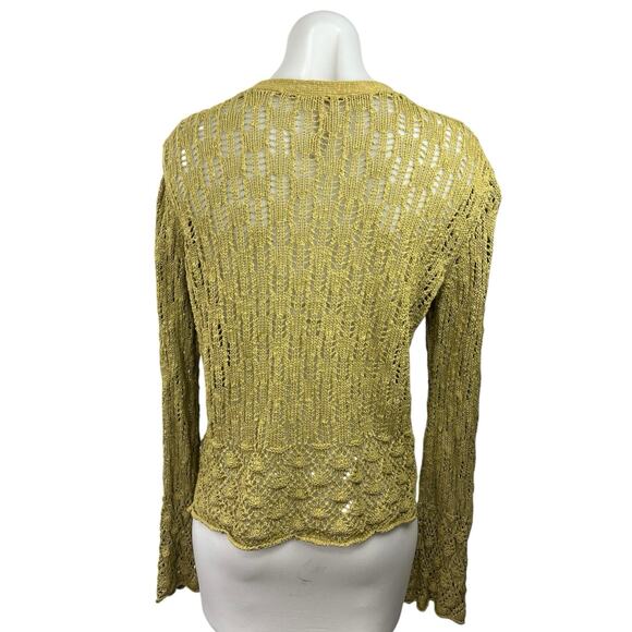 J.jill Gold Open Knit Crochet V-Neck Button Up Long Sleeve Cardigan Sweater Sz M - Picture 2 of 3